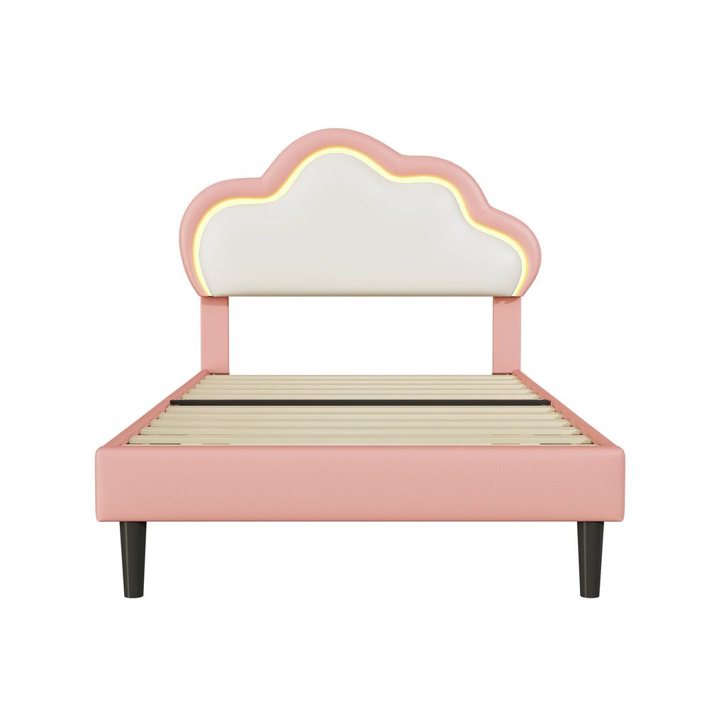 Children's Single Bed 90x200cm Upholstered bed for girls with LED,height-adjustable headboard in clouds shape,slatted Frame,PU