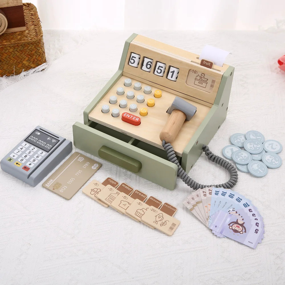 Children's Wooden Playhouse Toys Game House Toys Wooden Coffee Machine Wooden Cash Register Puzzle Interactive Education
