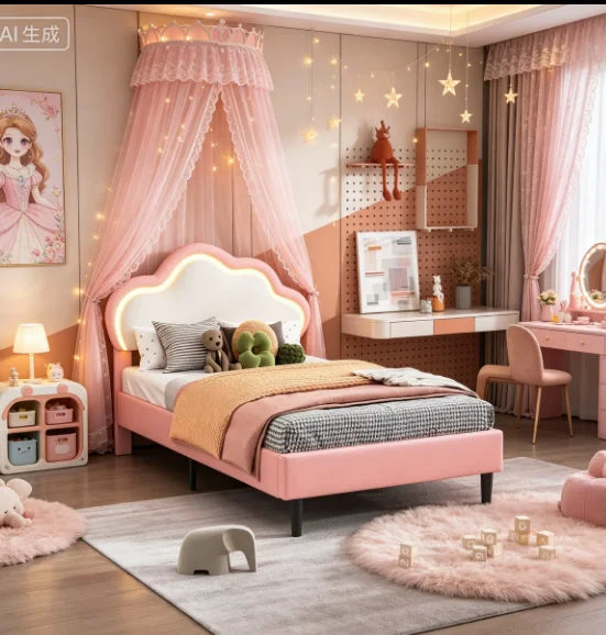 Children's Single Bed 90x200cm Upholstered bed for girls with LED,height-adjustable headboard in clouds shape,slatted Frame,PU
