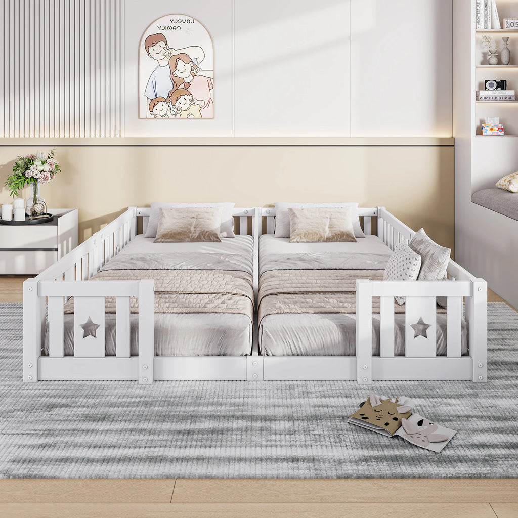 Rosahqnda Solid Floor Bed 180x200cm,Children's Bed with Slats & Star Pattern,Modern Kids Room Furniture,White/Gray