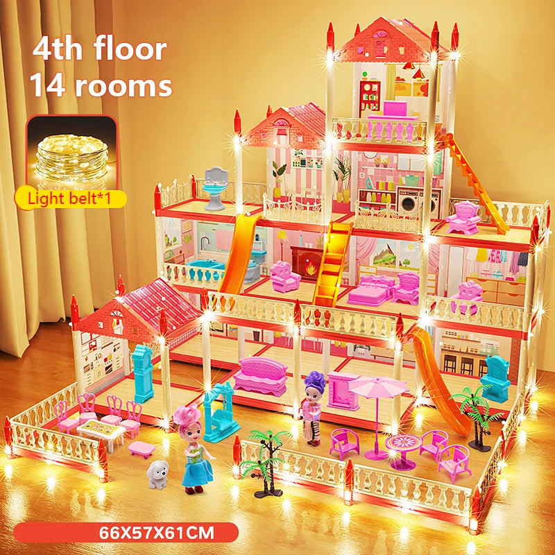 DIY Popular Toy 3d Assembly Mini Toy House Accessories Villa Princess Castle Led Lights Girl Birthday Gift Assembly Toy House