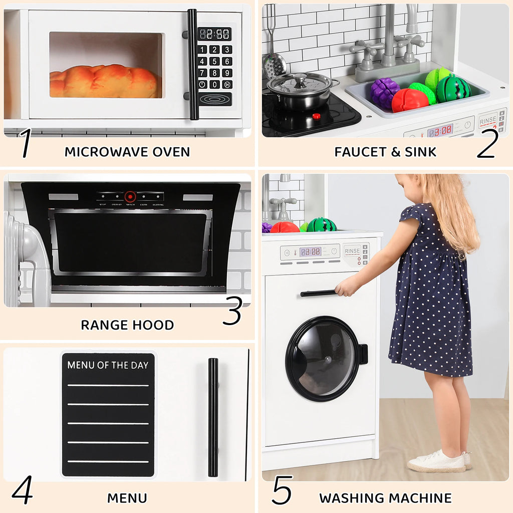Wooden Kitchen Kids Pretend Play Kitchen Set Cooking Toys with Simulated Light and Sound Effects, Food,Cookware for Children