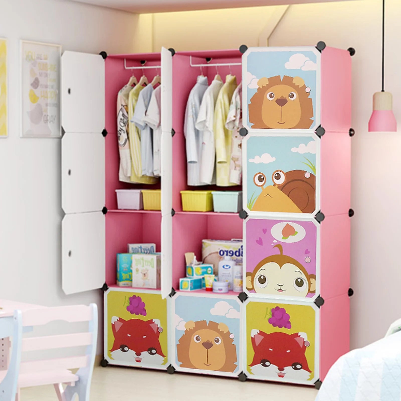 Children's Wardrobe, Expandable Children's Shelf Children's Wardrobe Bookcase with Doors & 2 Hangers, 111 x 37 x 147 cm
