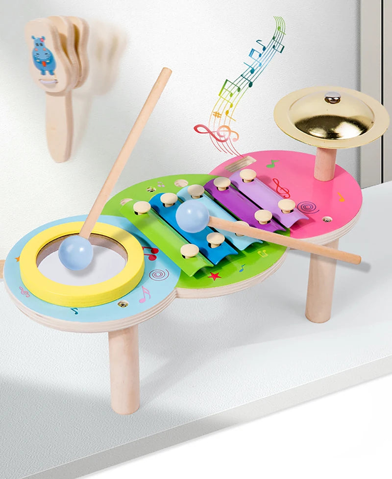 10-in-1 Wooden Musical Toy Drum Set and Xylophone