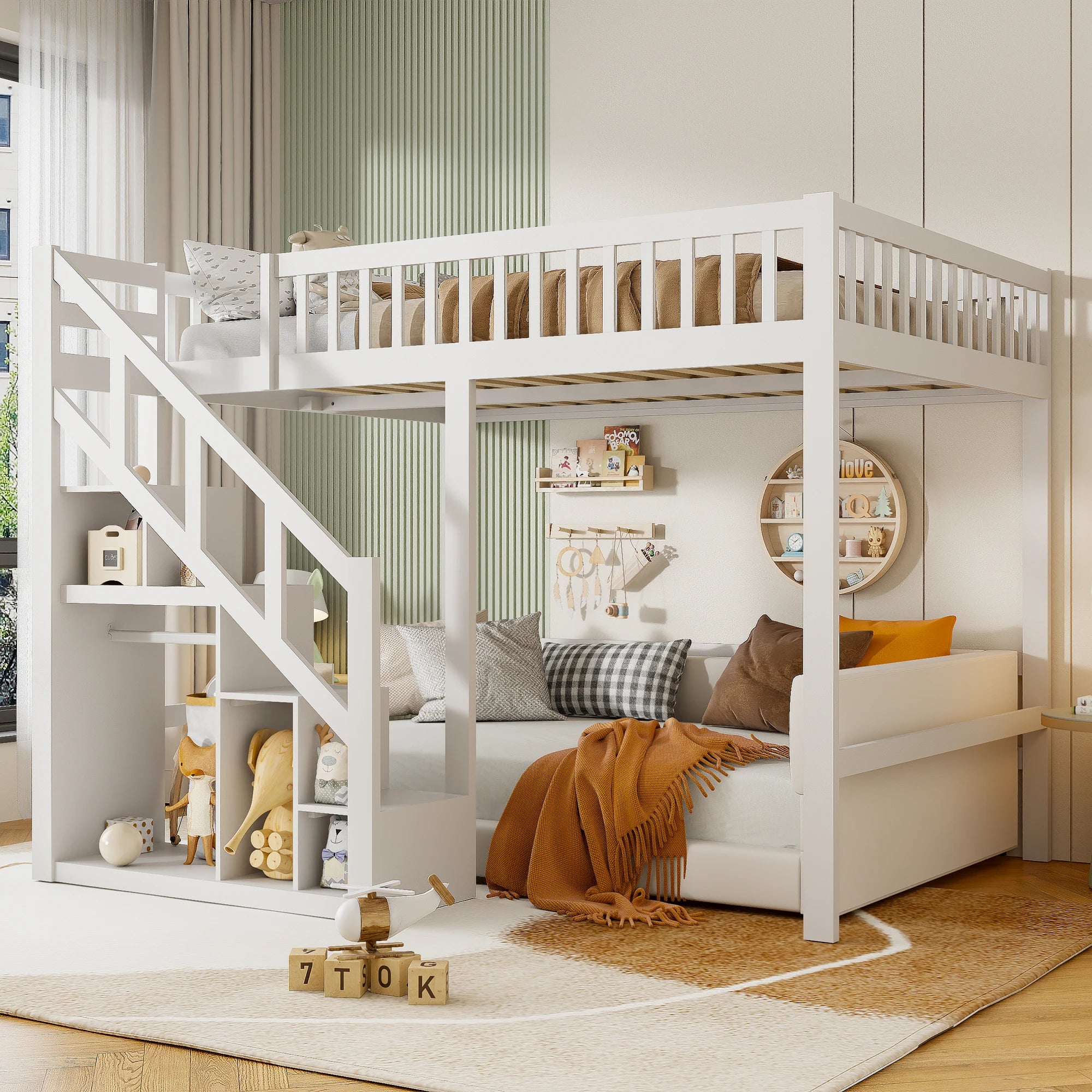 Comanlai Bunk Bed 140 x 200 cm/90 x 200 cm,Children's Bed with Slatted Frame,Storage Shelf Stairs,Fall Protection,Youth Bunk Bed