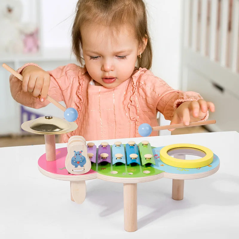 10-in-1 Wooden Musical Toy Drum Set and Xylophone