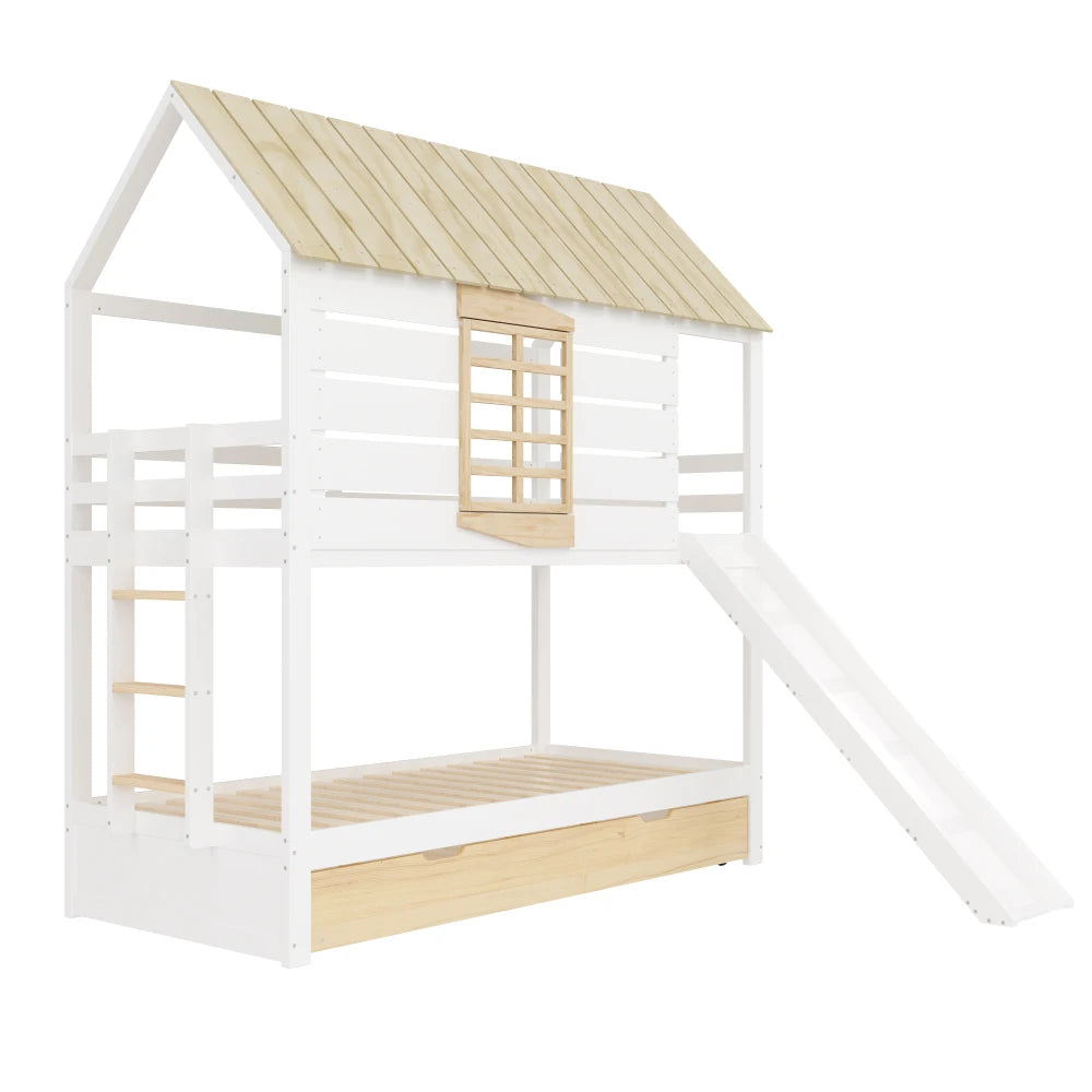 90X200 White and Green Bedroom Bunk Bed with Slide and Pull-Out Bed,without A Mattress