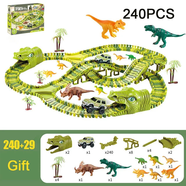 DIY Plastic Racing Track Set Dinosaur Railway Toys Flexible Race Track Electronic Flash Light Car Toys for Children Gifts