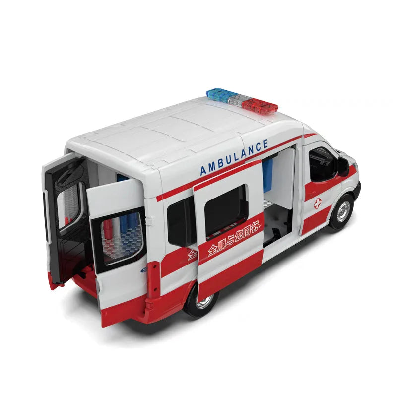 1/35 Ford Transit Ambulance Toy Car For Children Diecast Model Vehicle Miniature Pull Back Sound & Light Collection Gift Boy Kid