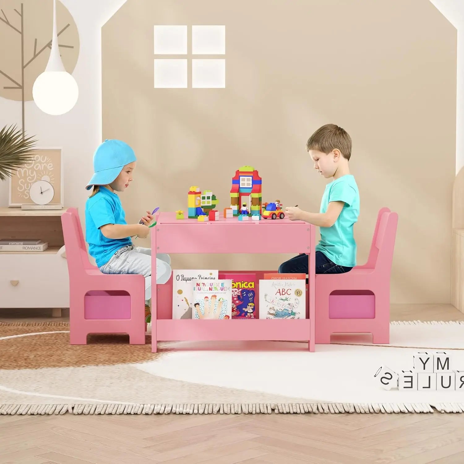 Multifunctional 4-in-1 Kids Table and Chair Set: Activity Desk with 2 Chairs, Removable Tabletop, Storage Drawers & Bookshelf, Ideal for Painting, Crafting, Reading & Playing, Toddler Playroom Furniture, Sturdy Design, 3PCS