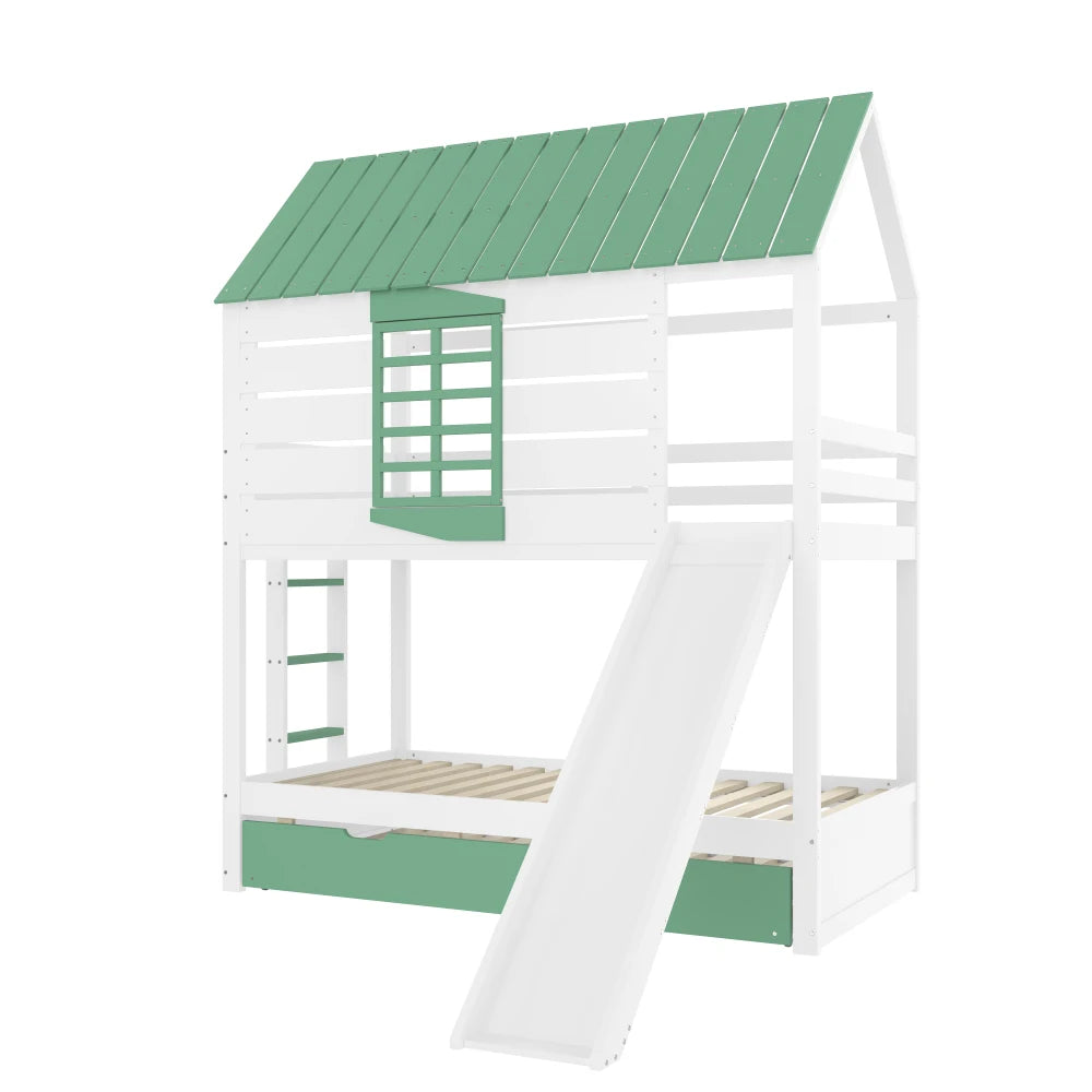 90X200 White and Green Bedroom Bunk Bed with Slide and Pull-Out Bed,without A Mattress