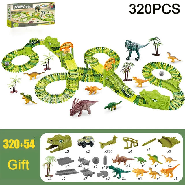 DIY Plastic Racing Track Set Dinosaur Railway Toys Flexible Race Track Electronic Flash Light Car Toys for Children Gifts