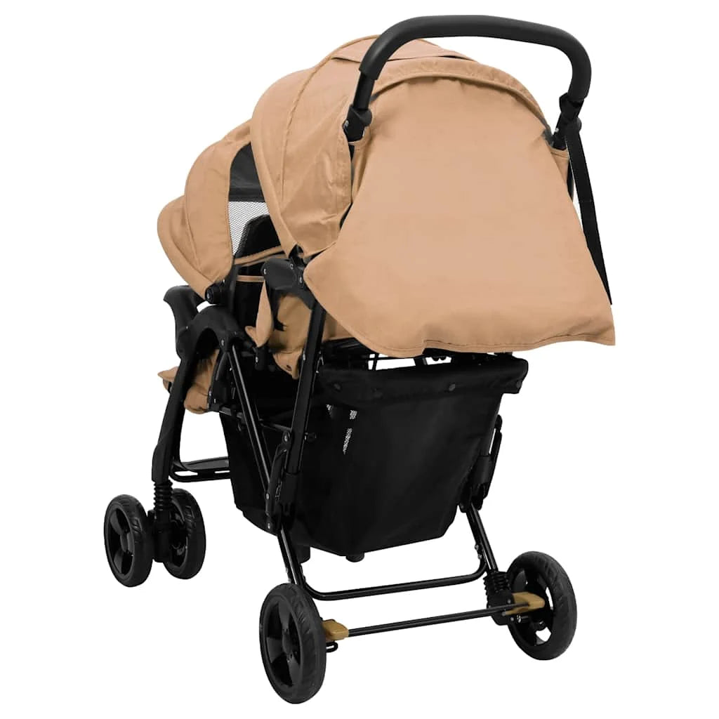 Double Stroller Taupe Steel 122.5 x 53.5 x 111 cm Lightweight Foldable Safe Design Pushchair Compact Travel