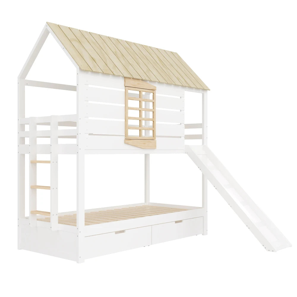 90X200 White and Green Bedroom Bunk Bed with Slide and Pull-Out Bed,without A Mattress