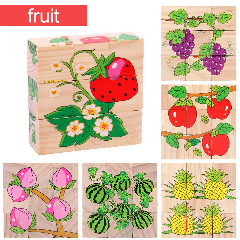 Wooden Puzzle Six Sides Painted Three-Dimensional Traffic Animal Puzzle Building Blocks Montessori Early Education Toys TMZ