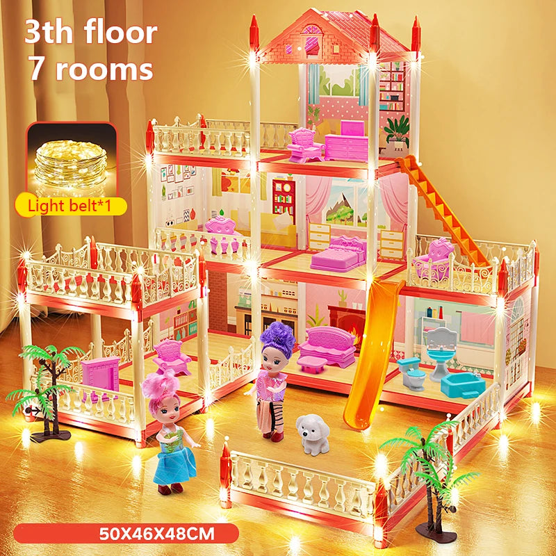 DIY Popular Toy 3d Assembly Mini Toy House Accessories Villa Princess Castle Led Lights Girl Birthday Gift Assembly Toy House