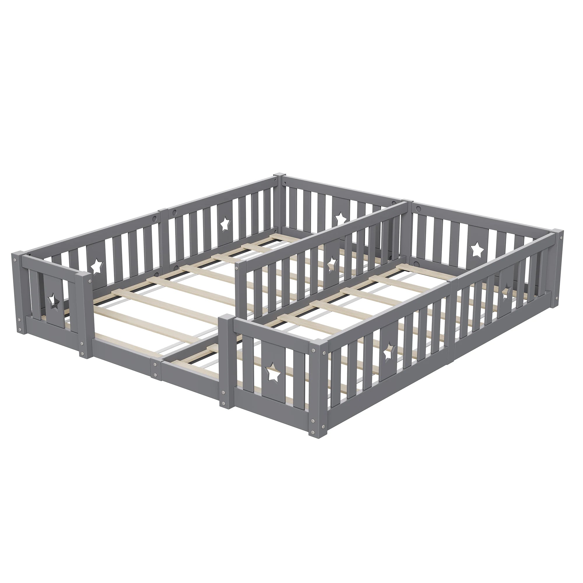 Rosahqnda Solid Floor Bed 180x200cm,Children's Bed with Slats & Star Pattern,Modern Kids Room Furniture,White/Gray
