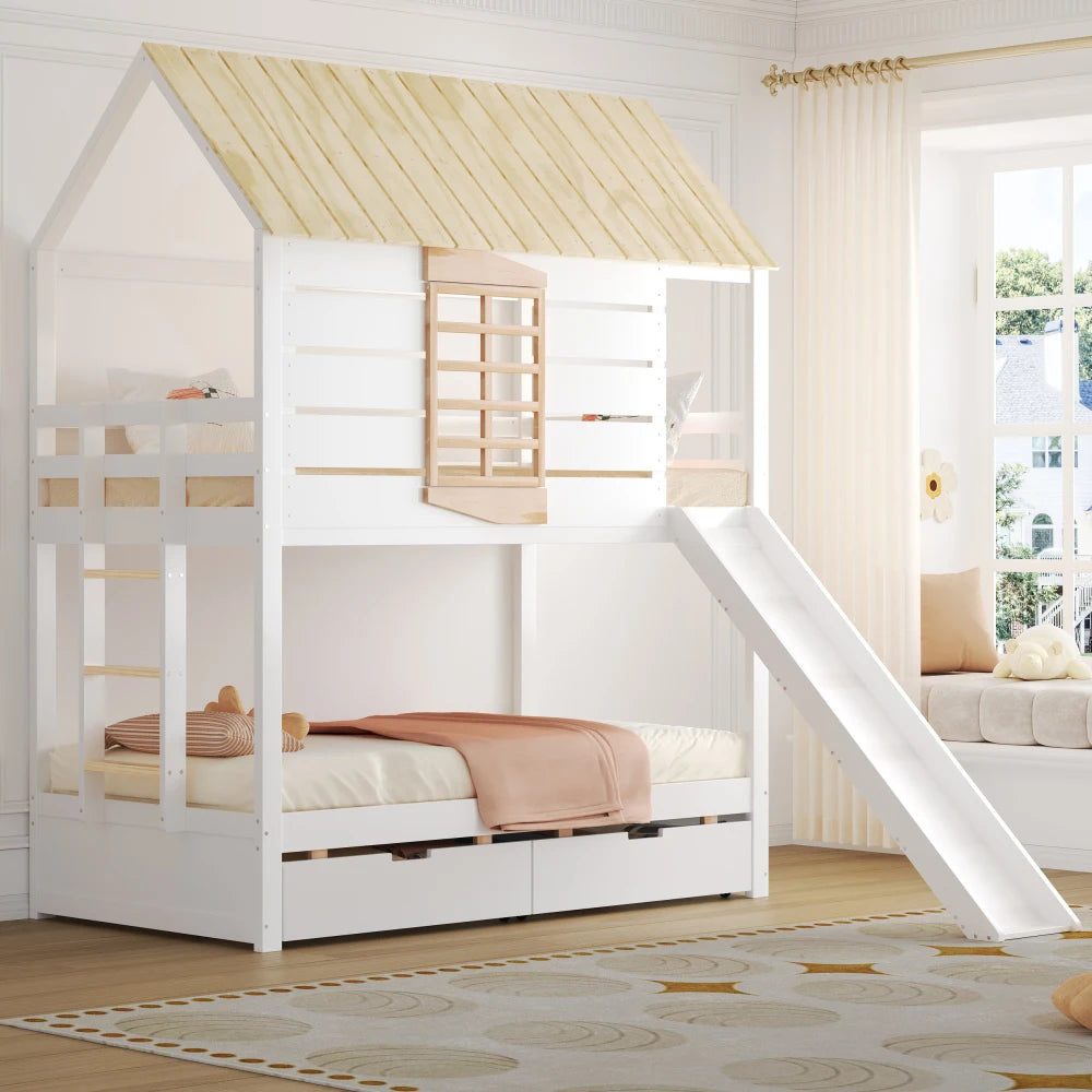 90X200 White and Green Bedroom Bunk Bed with Slide and Pull-Out Bed,without A Mattress