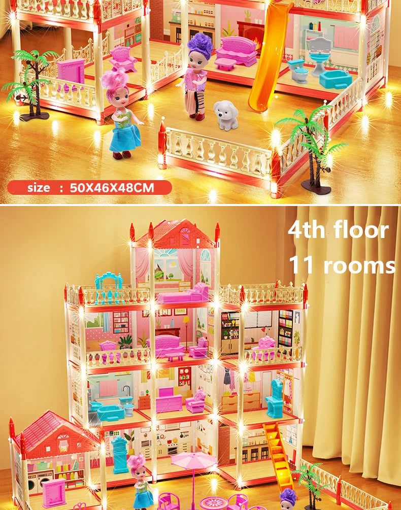 DIY Popular Toy 3d Assembly Mini Toy House Accessories Villa Princess Castle Led Lights Girl Birthday Gift Assembly Toy House