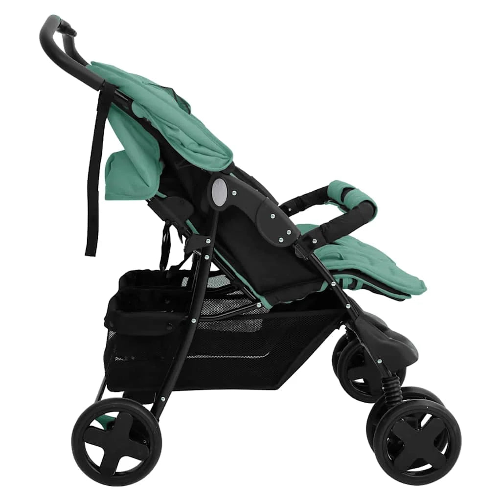 Steel Green Double Stroller 80 x 96 x 104 cm Lightweight Foldable Safe Design Pushchair Compact Travel