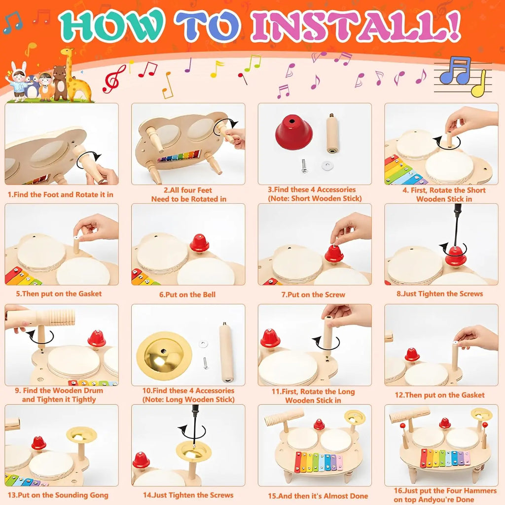 10-in-1 Wooden Musical Toy Drum Set and Xylophone