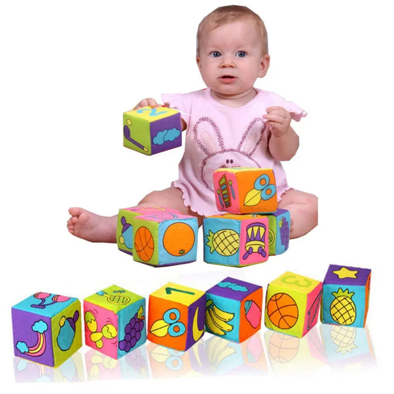 Montessori Infant Soft Plush Rattle Blocks - Animal & Number Dice
