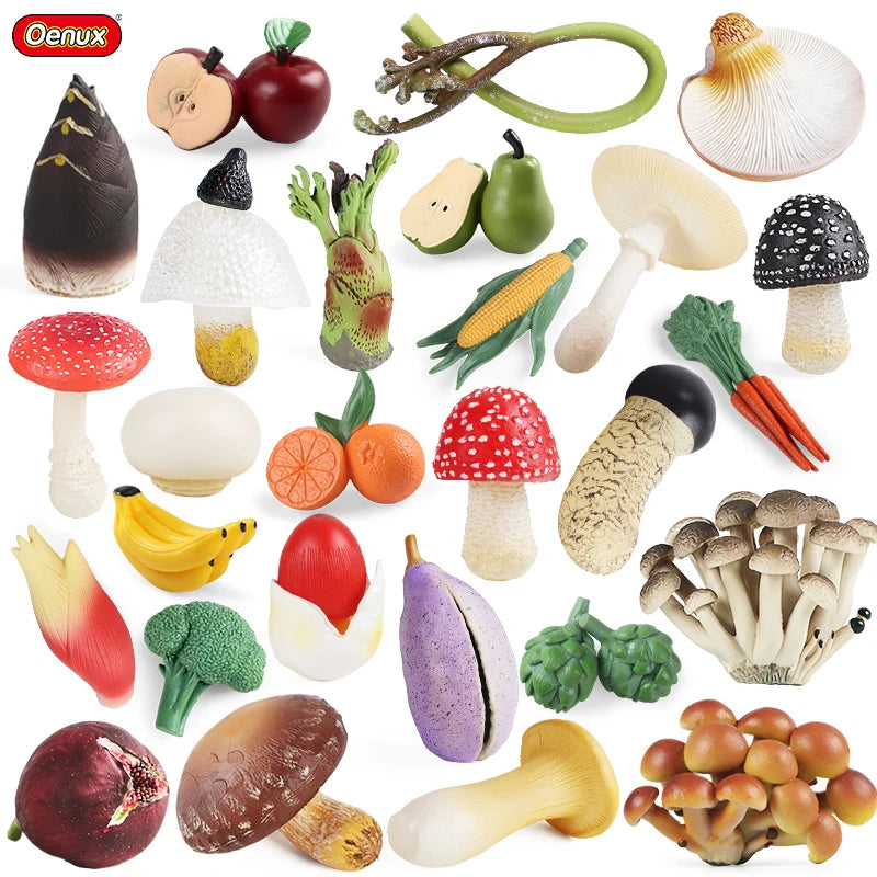Oenux Pretend Play Toy Cute Fruits Vegetables Mushroom Model Cake Toppers Foods Jouet Family Fun Early Education For Kids Gift