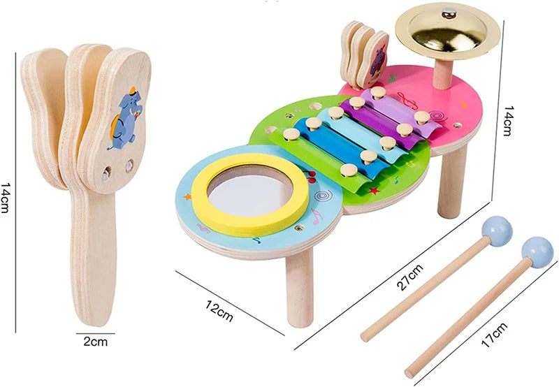 10-in-1 Wooden Musical Toy Drum Set and Xylophone