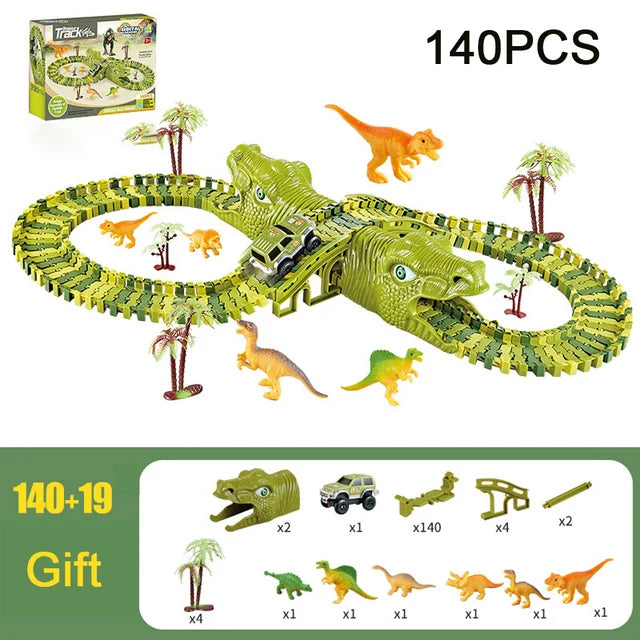 DIY Plastic Racing Track Set Dinosaur Railway Toys Flexible Race Track Electronic Flash Light Car Toys for Children Gifts
