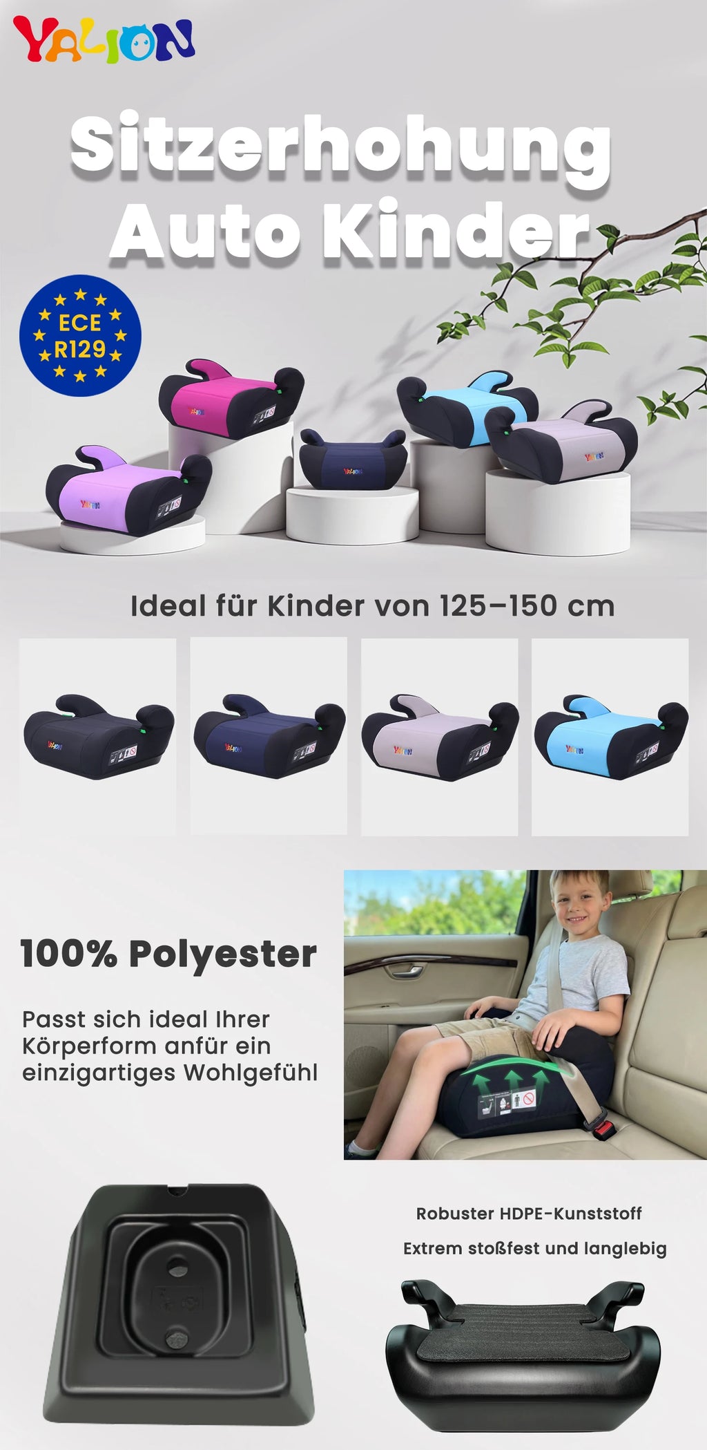 Yalion Portable Baby Car Safety Seat Booster Cushion, Suitable for Ages 6-10, 125- 150cm , 3-Point Safety Belt, Thickened Padding, Meets I-Size Standard Un Ece R 129/03