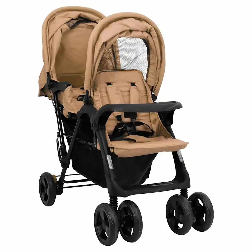 Double Stroller Taupe Steel 122.5 x 53.5 x 111 cm Lightweight Foldable Safe Design Pushchair Compact Travel
