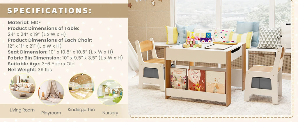 Multifunctional 4-in-1 Kids Table and Chair Set: Activity Desk with 2 Chairs, Removable Tabletop, Storage Drawers & Bookshelf, Ideal for Painting, Crafting, Reading & Playing, Toddler Playroom Furniture, Sturdy Design, 3PCS