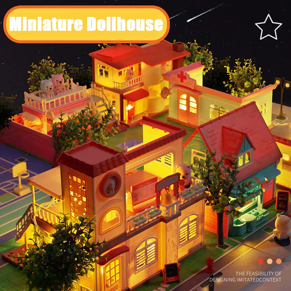 Dollhouse 1:12 Scale Mini Villa Ice Cream Shop Supermarket School Hospital Scene Cottage Model Miniature Furniture Girl Toy Gift