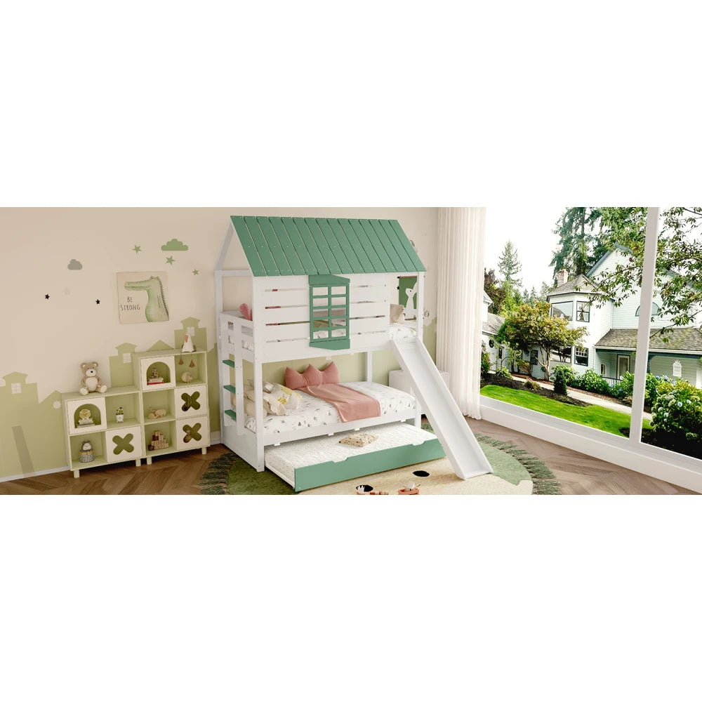 90X200 White and Green Bedroom Bunk Bed with Slide and Pull-Out Bed,without A Mattress