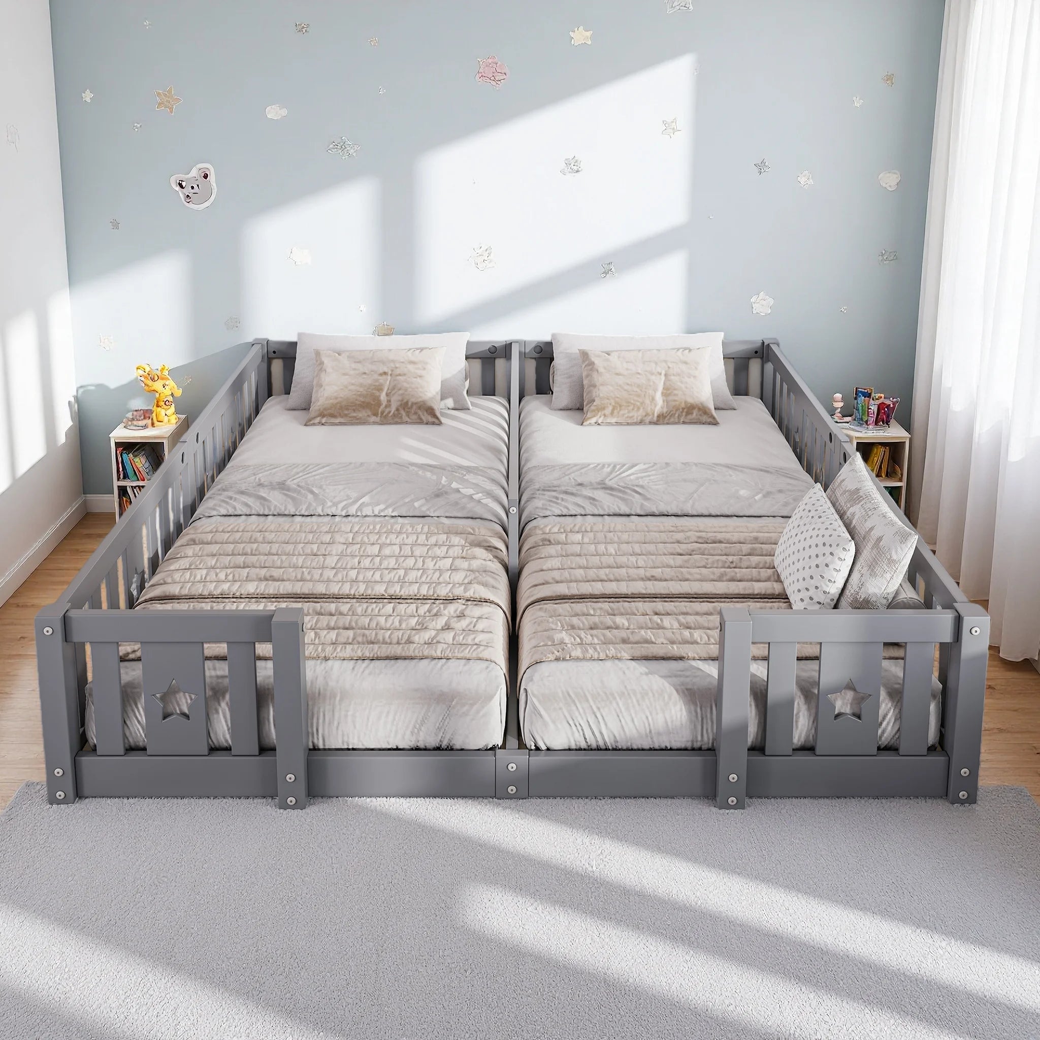 Rosahqnda Solid Floor Bed 180x200cm,Children's Bed with Slats & Star Pattern,Modern Kids Room Furniture,White/Gray