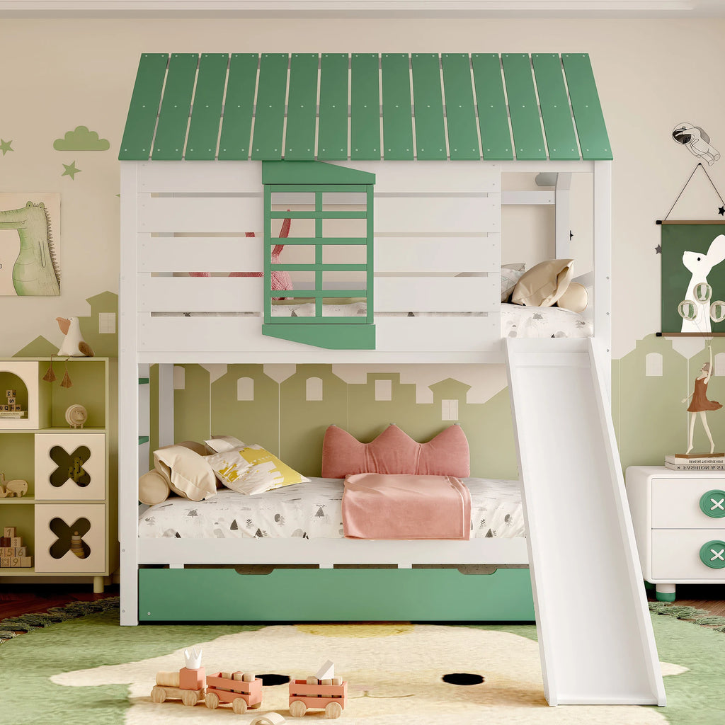 90X200 White and Green Bedroom Bunk Bed with Slide and Pull-Out Bed,without A Mattress
