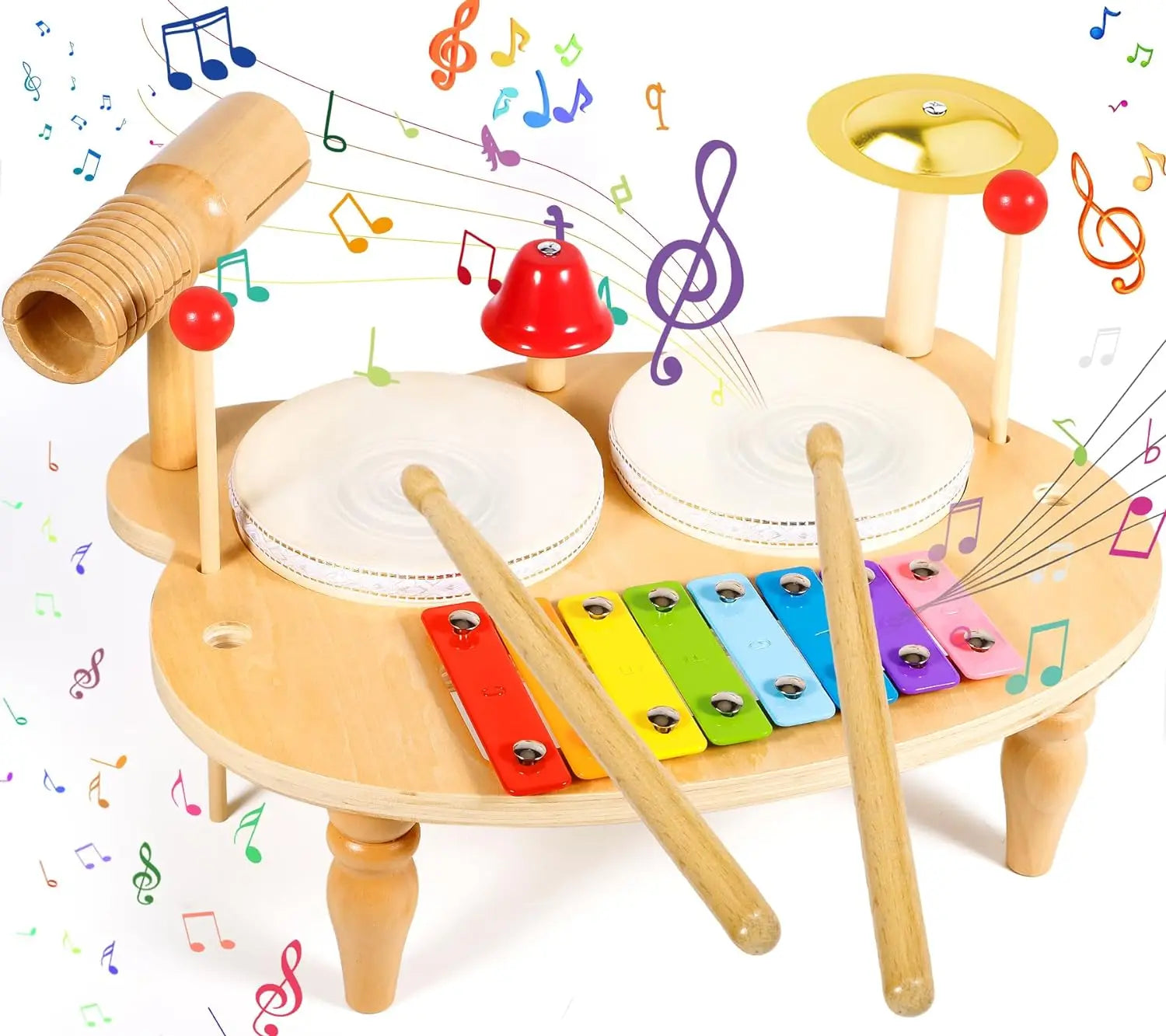 10-in-1 Wooden Musical Toy Drum Set and Xylophone