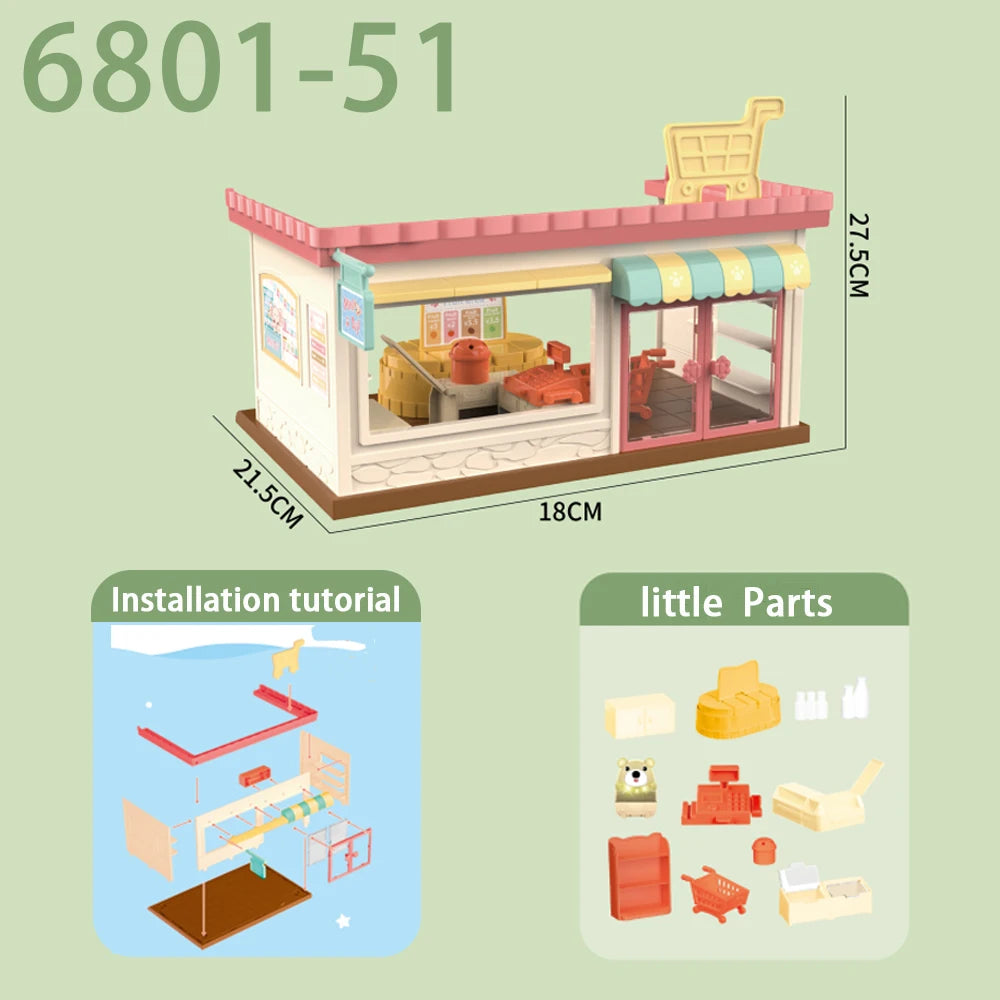 Dollhouse 1:12 Scale Mini Villa Ice Cream Shop Supermarket School Hospital Scene Cottage Model Miniature Furniture Girl Toy Gift