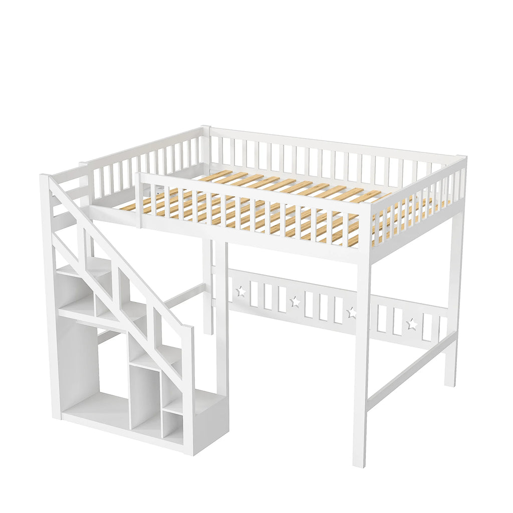 Comanlai Bunk Bed 140 x 200 cm/90 x 200 cm,Children's Bed with Slatted Frame,Storage Shelf Stairs,Fall Protection,Youth Bunk Bed