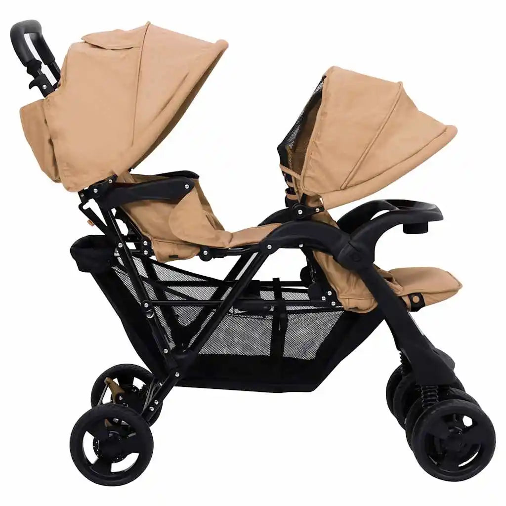 Double Stroller Taupe Steel 122.5 x 53.5 x 111 cm Lightweight Foldable Safe Design Pushchair Compact Travel