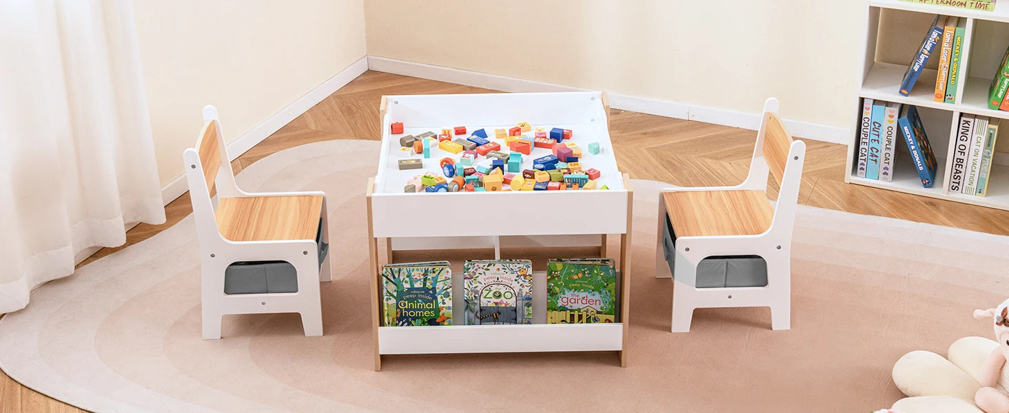 Multifunctional 4-in-1 Kids Table and Chair Set: Activity Desk with 2 Chairs, Removable Tabletop, Storage Drawers & Bookshelf, Ideal for Painting, Crafting, Reading & Playing, Toddler Playroom Furniture, Sturdy Design, 3PCS