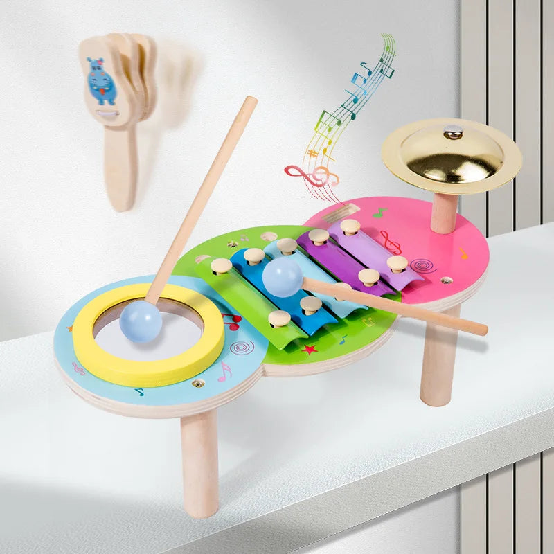 10-in-1 Wooden Musical Toy Drum Set and Xylophone