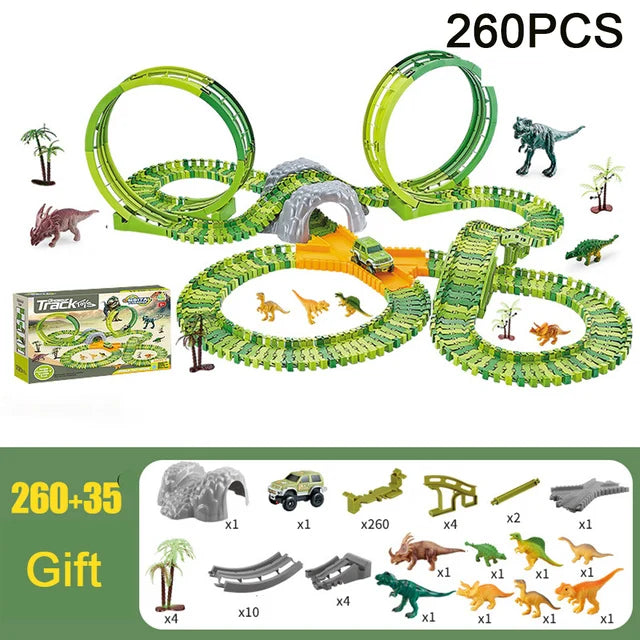 DIY Plastic Racing Track Set Dinosaur Railway Toys Flexible Race Track Electronic Flash Light Car Toys for Children Gifts