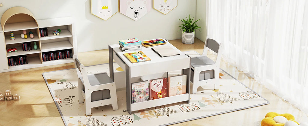 Multifunctional 4-in-1 Kids Table and Chair Set: Activity Desk with 2 Chairs, Removable Tabletop, Storage Drawers & Bookshelf, Ideal for Painting, Crafting, Reading & Playing, Toddler Playroom Furniture, Sturdy Design, 3PCS