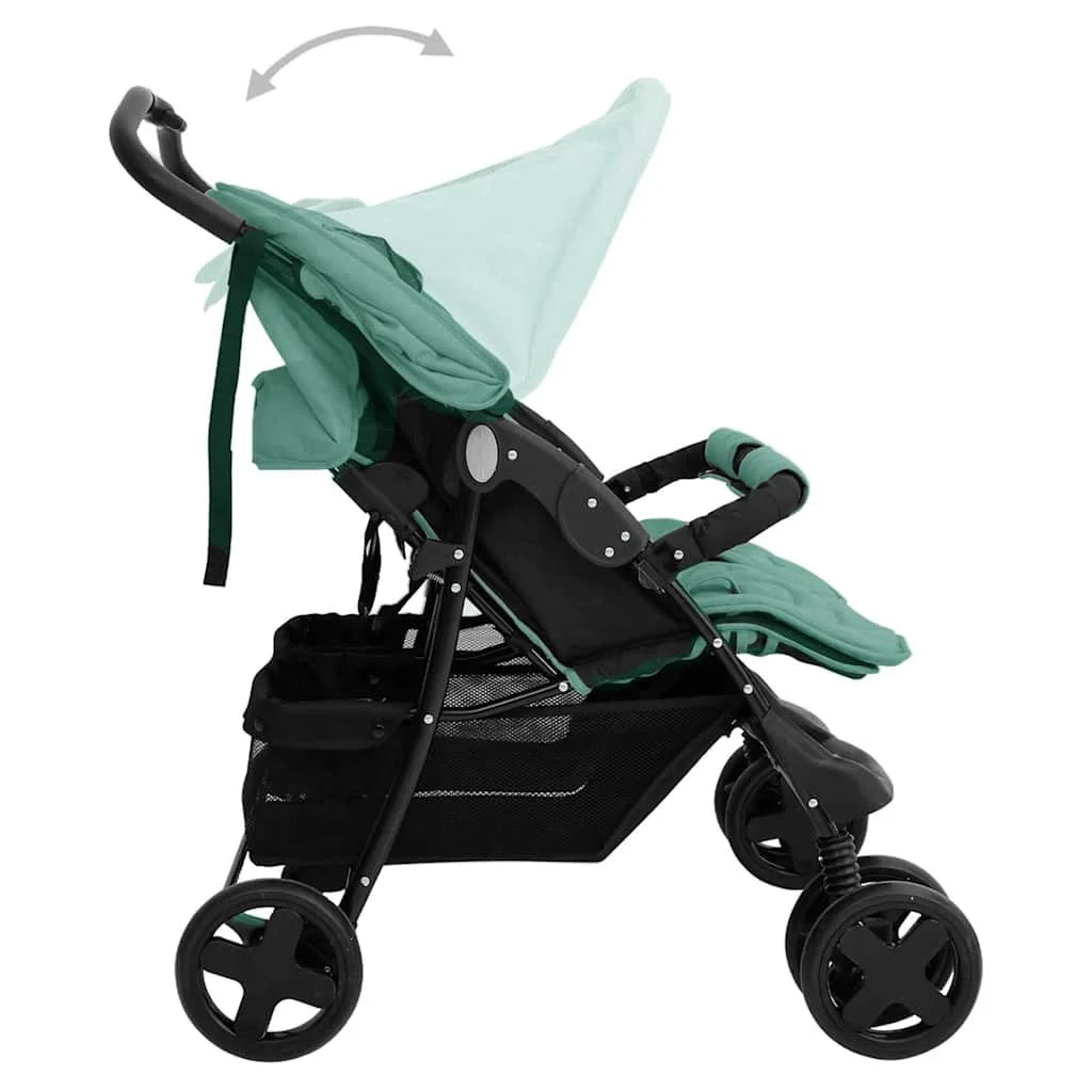 Steel Green Double Stroller 80 x 96 x 104 cm Lightweight Foldable Safe Design Pushchair Compact Travel