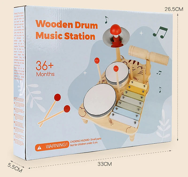10-in-1 Wooden Musical Toy Drum Set and Xylophone