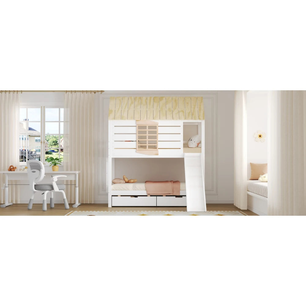 90X200 White and Green Bedroom Bunk Bed with Slide and Pull-Out Bed,without A Mattress