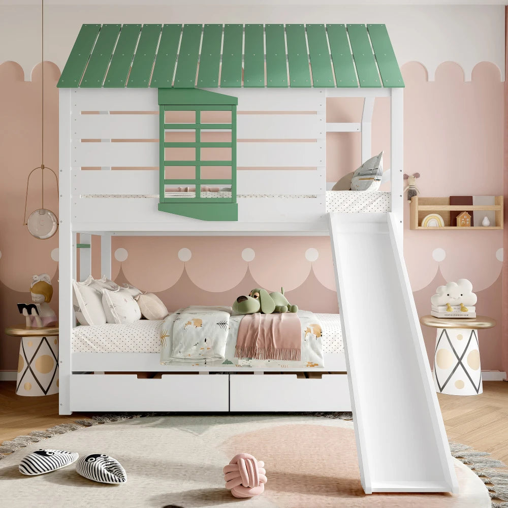 90X200 White and Green Bedroom Bunk Bed with Slide and Pull-Out Bed,without A Mattress