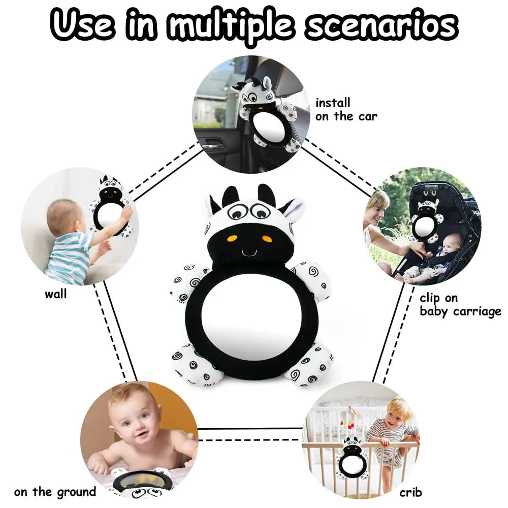 Baby Tummy Time Mirror Toy - High Contrast Black & White Cow