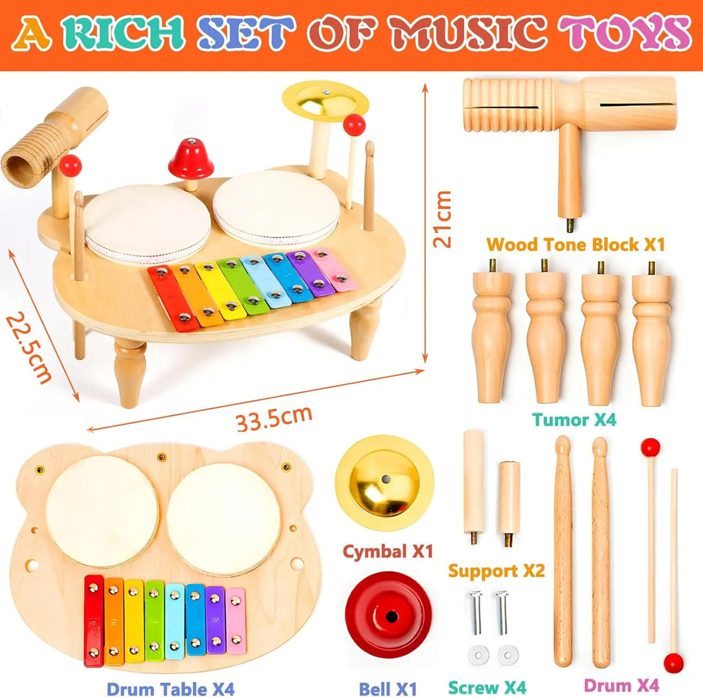 10-in-1 Wooden Musical Toy Drum Set and Xylophone